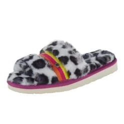 Minnetonka Women's White Leopard Print Slipper