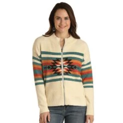 Panhandle Women's Cream Zip Up Aztec Sweater