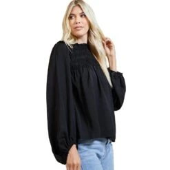 Glam Women's Black Smocked Ruffle Top