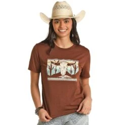 Rock & Roll Denim And Womens Brown Graphic Tee With Steer