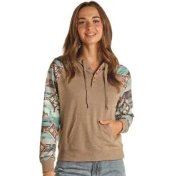 Rock & Roll Denim And Womens Tan Contrast Sleeve Hoodie