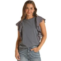 Panhandle Womens Navy Eyelet Ruffle Top