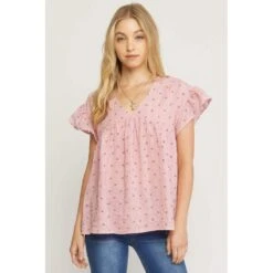Entro Womens Pink Floral V Neck Top