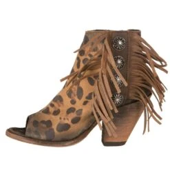 Liberty Black Chita Miel Tan Open Toe With Fringe Booties -Outlet Cowgirl Looks Store LB 712807CHEETAH 2