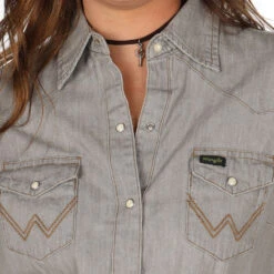 Wrangler Womens Grey Denim Shirt With Snaps -Outlet Cowgirl Looks Store LW3961D 1